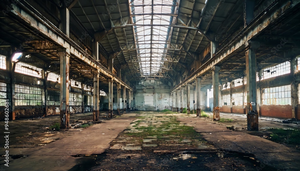 Sunlight streams through the roof of a deserted factory building Sunlight streams through the roof of a deserted factory building