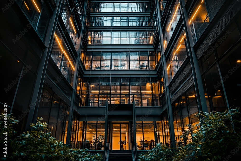 Fototapeta premium Modern office building exterior with glass walls and warm interior lighting during night