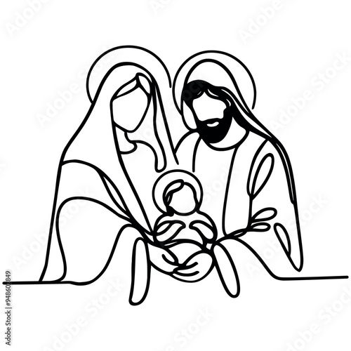 Biblical stories, Joseph and virgin Mary with Jesus Christ in her arms. Vector illustration, continuous one line drawing