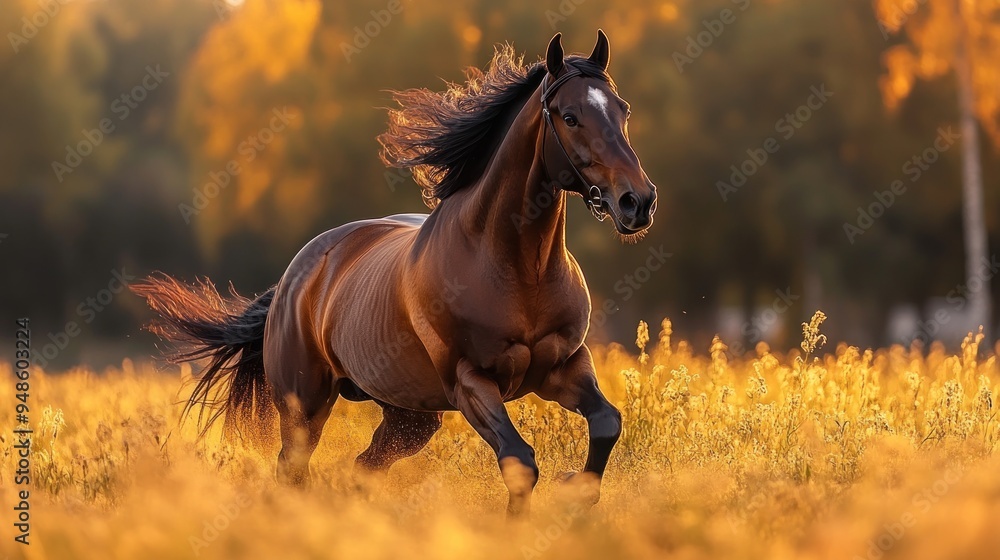 Brown Horse Galloping Through Golden Field Brown Horse Galloping Through Golden Field
