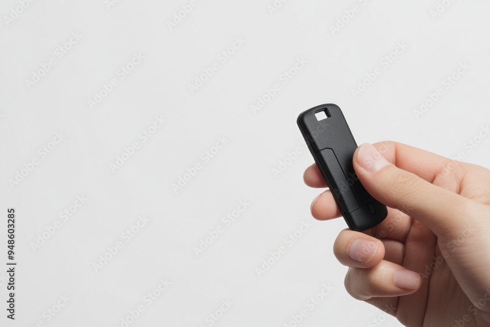 Hand holding black electronic key fob with white back Hand holding black electronic key fob with white back