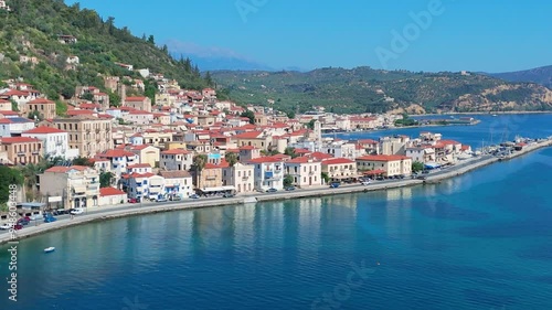 greece peloponnese region gytheio town lighthouse coastal houses chapel and boats aerial view 4k footage photo