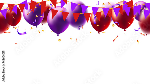 Banner flag garland, confetti and balloons vector. Element party invitation greeting card