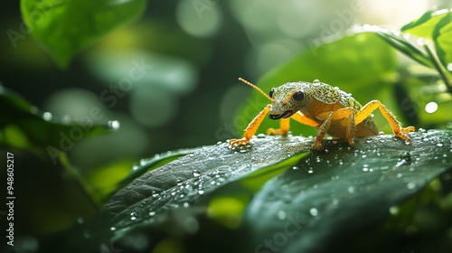 Giraffe Weevil in a jungle with soft light and vibrant leaves photo