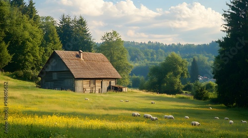 162. **A traditional country farm with a wooden barn and grazing sheep.