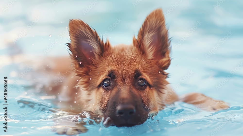 Joyful German shepherd swimming underwater with a playful expression captured in clear blue water Joyful German shepherd swimming underwater with a playful expression captured in clear blue water