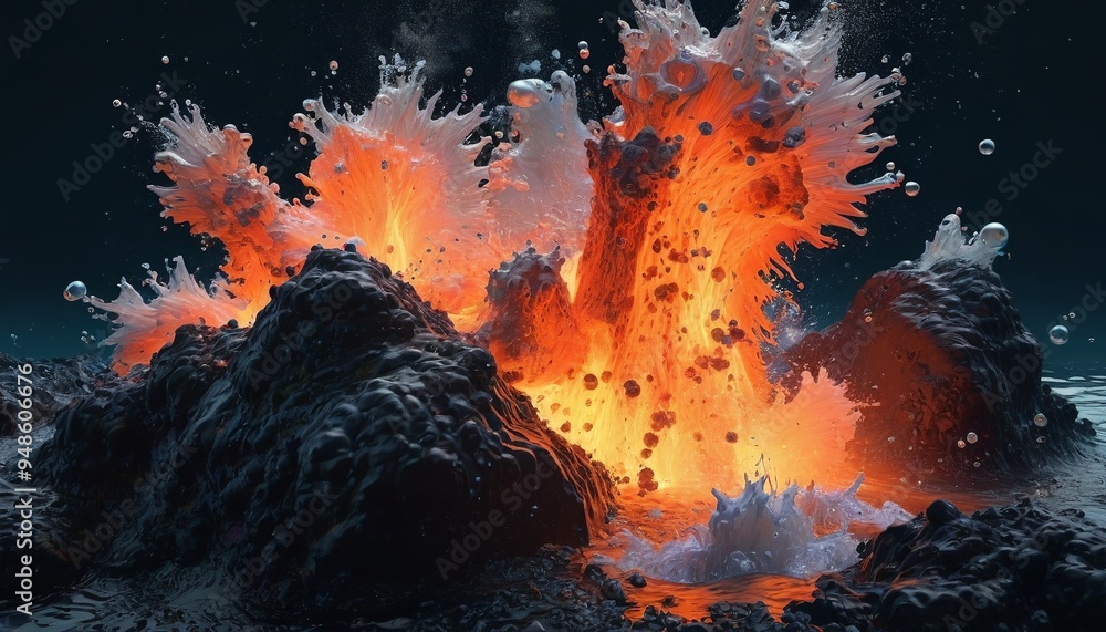 Fototapeta premium A slow-motion capture of an underwater volcanic eruption, with bubbles and molten rock bursting from the seabed, highlighting the raw power and intensity of the explosion, Generative AI
