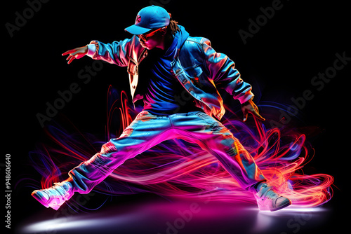 Man in bright clothes dancing hip-hop isolated on dark background in mixed neon light