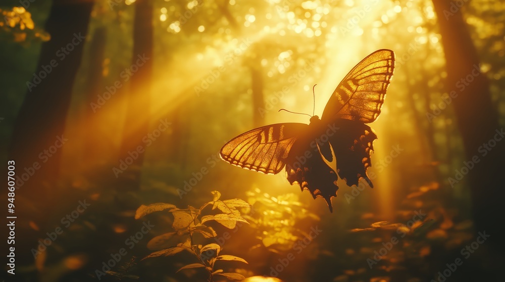 Fototapeta premium Death’s-head Hawkmoth in a mystical forest with amber light and ancient trees