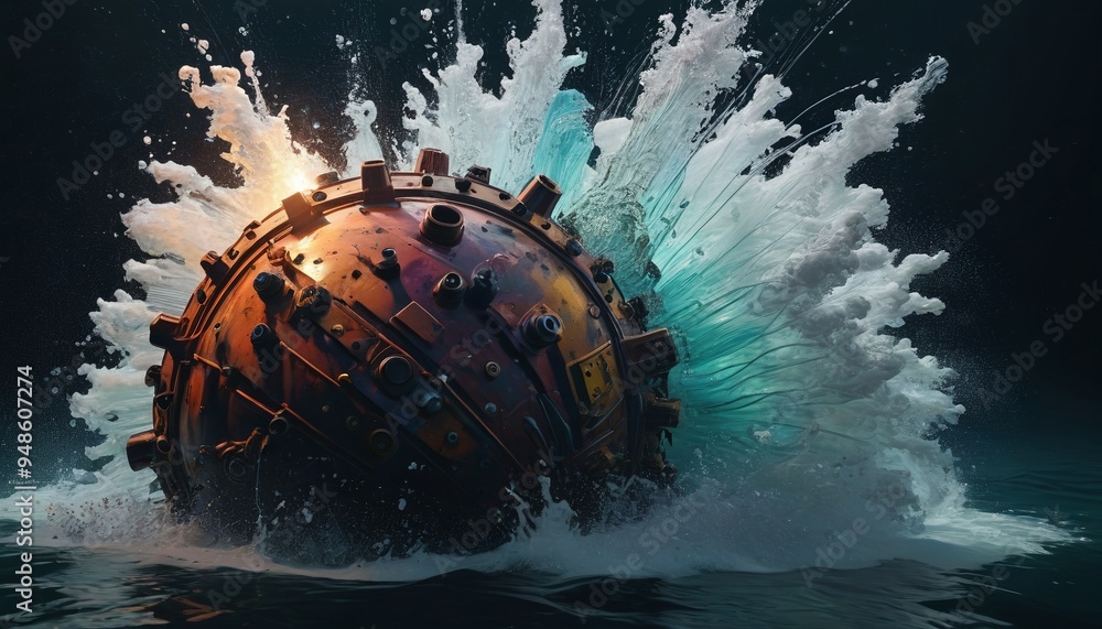 A slow-motion shot of an underwater mine exploding, with water plumes ...