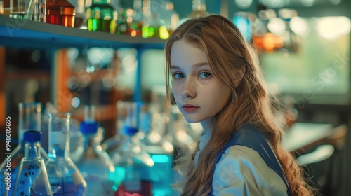 Schoolgirl in a chemical laboratory at a class of chemistry