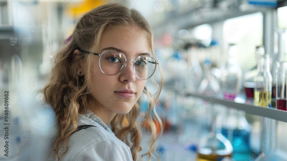 Schoolgirl in a chemical laboratory at a class of chemistry Schoolgirl in a chemical laboratory at a class of chemistry