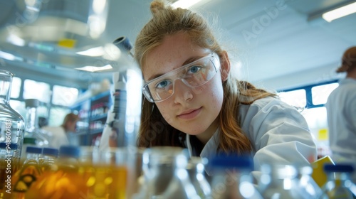 Schoolgirl in a chemical laboratory at a class of chemistry