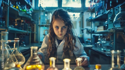 Schoolgirl in a chemical laboratory at a class of chemistry