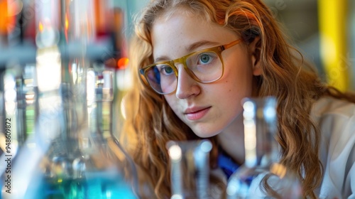 Schoolgirl in a chemical laboratory at a class of chemistry