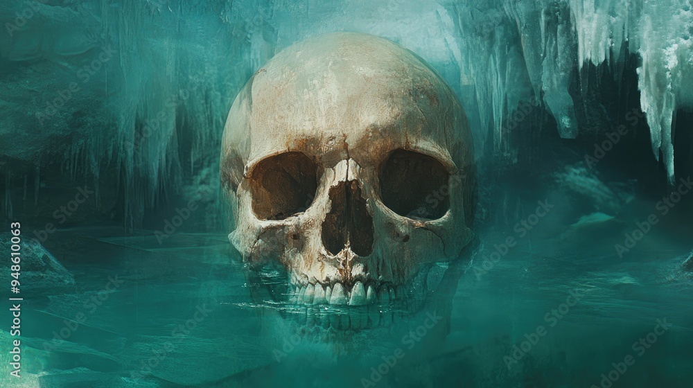 Human Skull Submerged in a Mystical, Icy Cave Human Skull Submerged in a Mystical, Icy Cave