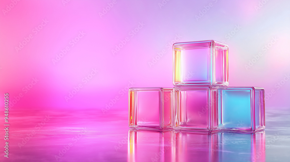 Iridescent Glass Cubes on Neon Reflection Iridescent Glass Cubes on Neon Reflection