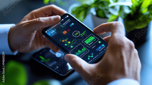 Wallpaper Mural A person uses a smartphone to analyze financial data, surrounded by greenery, highlighting technology and investment. Torontodigital.ca