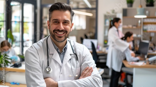 Smiling doctor posing in the office, he is wearing a stethoscope, medical staff on the hospital background