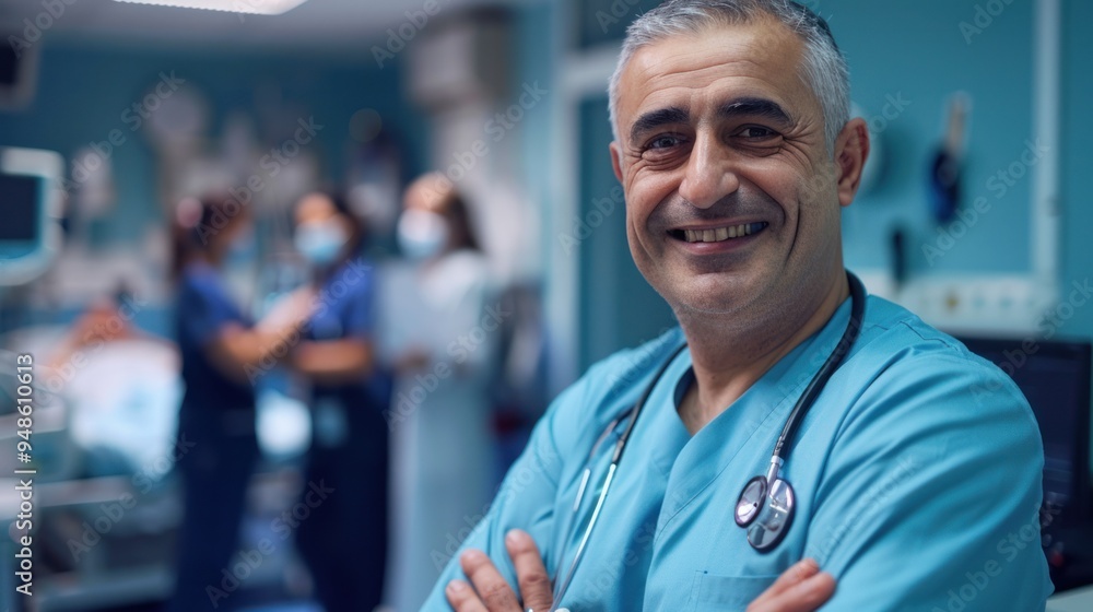 Smiling doctor posing in the office, he is wearing a stethoscope, medical staff on the hospital background Smiling doctor posing in the office, he is wearing a stethoscope, medical staff on the hospital background