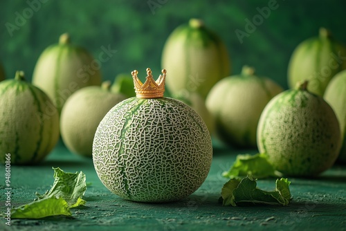 melon wearing a tiny crown, ruling over a kingdom of melons on a regal green surface photo