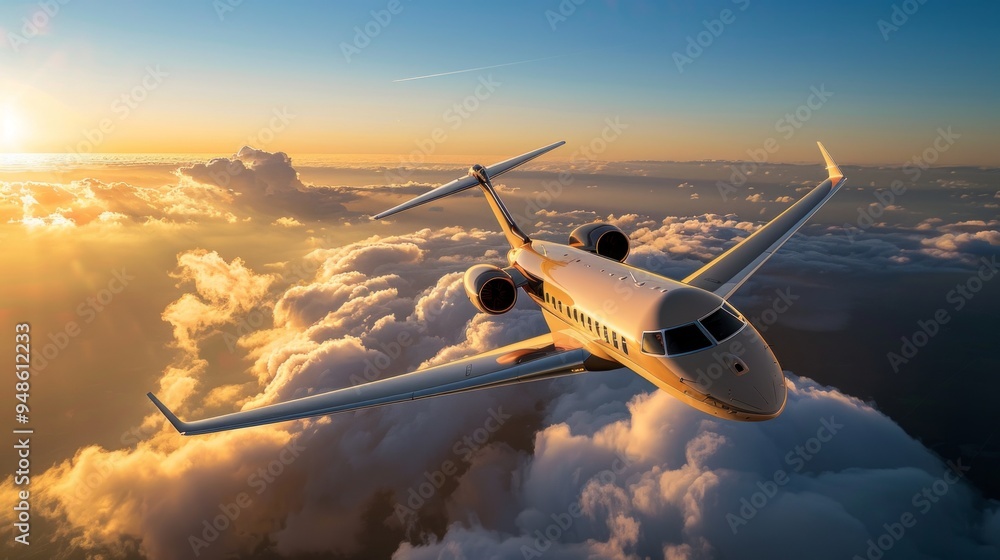 Create an image of a sleek, modern commercial airplane soaring through a clear blue sky, with fluffy white clouds and a golden sunset in the background. Create an image of a sleek, modern commercial airplane soaring through a clear blue sky, with fluffy white clouds and a golden sunset in the background.