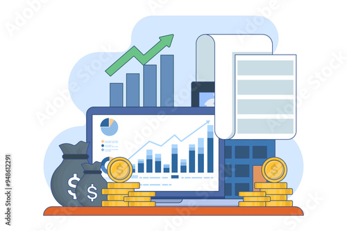 Accounting and finance concept. Budget income. Accounting profit is calculated by subtracting expenses from revenue. Business accountant with calculator. Flat vector illustration on background.