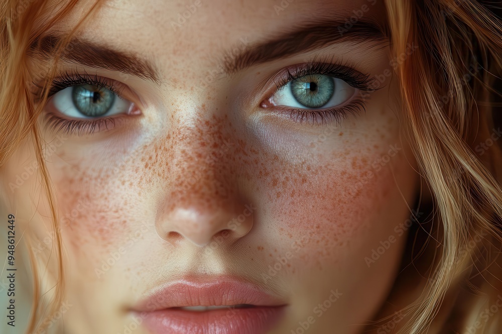 ethereal closeup portrait of young woman constellation of freckles across luminous skin soft diffused lighting neutral backdrop capturing natural beauty and individuality ethereal closeup portrait of young woman constellation of freckles across luminous skin soft diffused lighting neutral backdrop capturing natural beauty and individuality