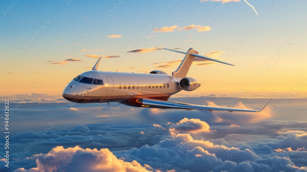 Create an image of a sleek, modern commercial airplane soaring through a clear blue sky, with fluffy white clouds and a golden sunset in the background. Create an image of a sleek, modern commercial airplane soaring through a clear blue sky, with fluffy white clouds and a golden sunset in the background.