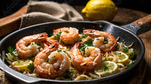 a sizzling pan filled with garlic shrimp. The shrimp are cooked and are golden brown. There is minced garlic and parsley sprinkled over the shrimp