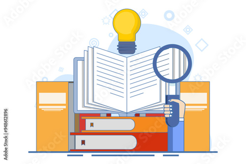 book reference concept, library, stack of books and light bulb. literature, educational design, idea, brainstorming, education and reading. Ideas and inspiration. Symbol or icon. vector illustration.