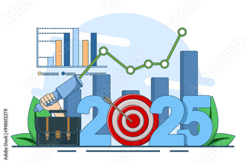 business prospect concept for 2025, future estimate or plan, vision of future success, new year goal or achievement, company target or expectation. flat vector illustration on white background.