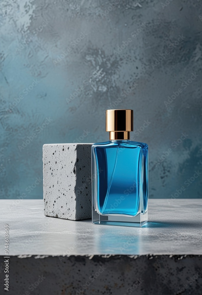 Blue Perfume Bottle on Concrete Podium Blue Perfume Bottle on Concrete Podium