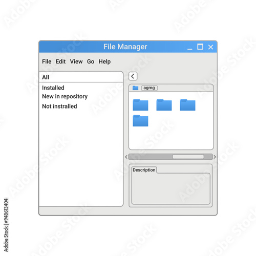 Retro file manager program with blue files and folders on screen. Old computer explorer with settings.