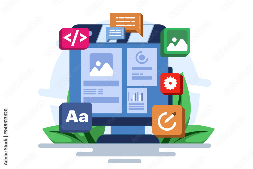 Concept of developer building a website Front-end user interface, UI UX, Software development, Web design, App design, Coding, Web development. Flat vector illustration on background. Concept of developer building a website Front-end user interface, UI UX, Software development, Web design, App design, Coding, Web development. Flat vector illustration on background.