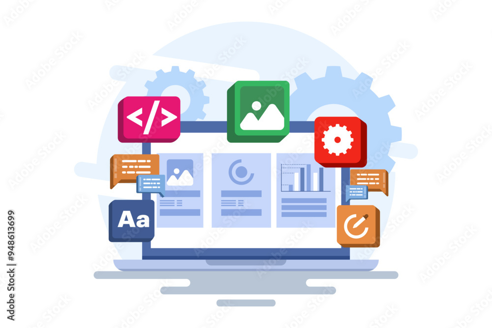 Concept of developer building a website Front-end user interface, UI UX, Software development, Web design, App design, Coding, Web development. Flat vector illustration on background. Concept of developer building a website Front-end user interface, UI UX, Software development, Web design, App design, Coding, Web development. Flat vector illustration on background.