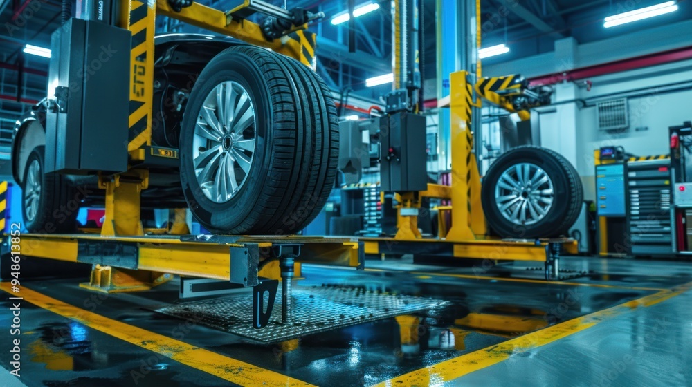 Factory Wheel Alignment Wheel alignment equipment in a car repair station, Car Steering Wheel ...