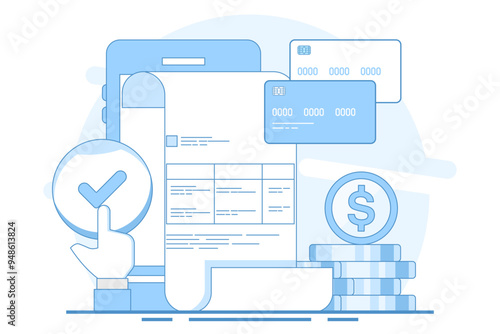 Digital payment system concept, Online payment, Online invoice, Online payment with smartphone and bank application. Online payment via smartphone, application for money transfer and payment. Vector.