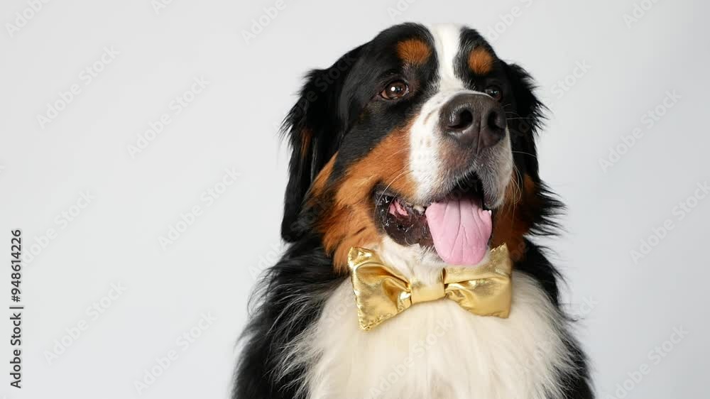 The Bernese Mountain Dog sits on a white background. He has a bow tie around his neck. A very beautiful fluffy tricolor dog. The eyes look up, right and left. He breathes with his mouth open. The Bernese Mountain Dog sits on a white background. He has a bow tie around his neck. A very beautiful fluffy tricolor dog. The eyes look up, right and left. He breathes with his mouth open.