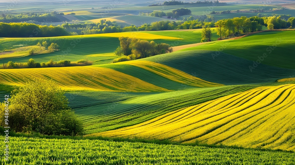 Obraz premium 153. **A picturesque farm landscape with rolling fields of green and yellow crops.
