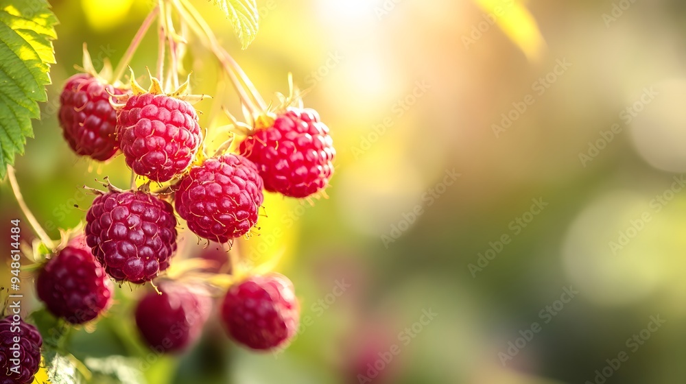 154. **A close-up of ripe raspberries on the vine with a blurred background. 154. **A close-up of ripe raspberries on the vine with a blurred background.