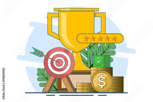 Goals and achievements, Business goals, achievement and success concept. Arrows hit the target with a big cup, target, target center, business plan, problem solving, Flat design vector illustration.