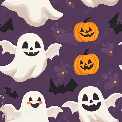 Spooky and Sweet Halloween Pattern with Happy Ghosts, Smiling Jack-o'-lanterns, and Playful Bats - Seamless Halloween Background