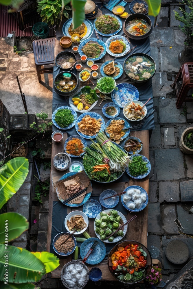 Overhead view of a spread of various Asian dishes in a courtyard. Overhead view of a spread of various Asian dishes in a courtyard.