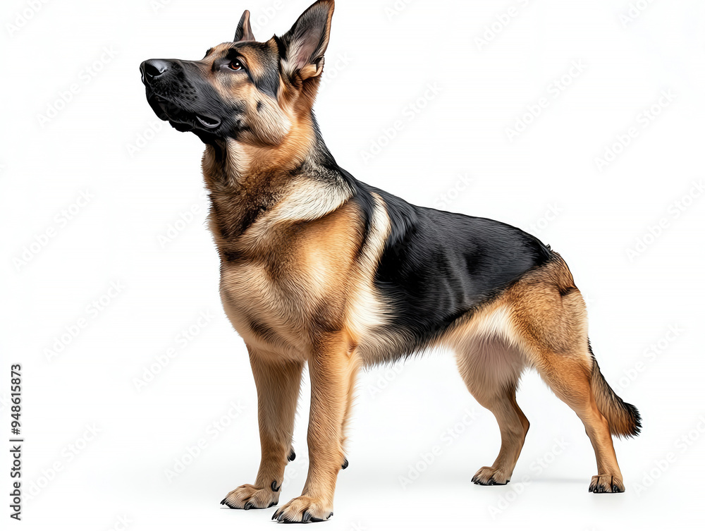 A majestic German shepherd standing proudly, showcasing its strong build and alert expression against a clean background. A majestic German shepherd standing proudly, showcasing its strong build and alert expression against a clean background.
