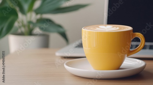 Concept about coffee, relaxation, and brewed. Yellow coffee cup with latte art on a saucer near a laptop and houseplant