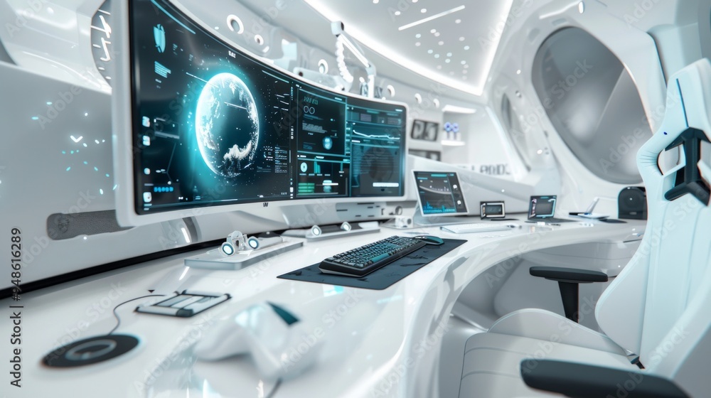 Design a futuristic workstation with a curved ultra-wide monitor, an advanced wireless keyboard and mouse, and various connected peripherals like a 3D printer and a drawing tablet. Design a futuristic workstation with a curved ultra-wide monitor, an advanced wireless keyboard and mouse, and various connected peripherals like a 3D printer and a drawing tablet.