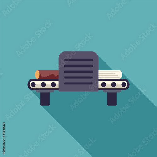 Conveyor belt wood processing machine transforming log into lumber illustration with long shadow on turquoise background