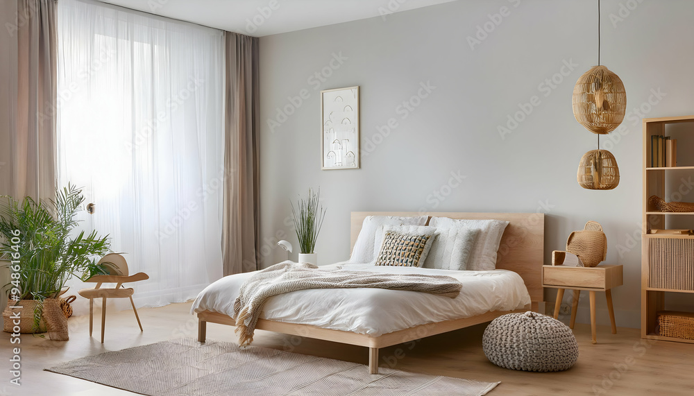 Serene Minimalist Bedroom with Abundant Greenery and Natural Light Serene Minimalist Bedroom with Abundant Greenery and Natural Light