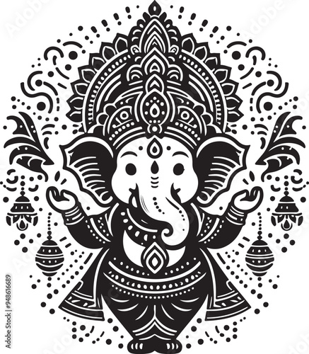 Indian God Ganapati Simple 2D Cute Single Characters with Silhouette Black and White Line Art with Low Details, Indian festival Ganesh Chaturthi black and White Lord Ganesh Character 